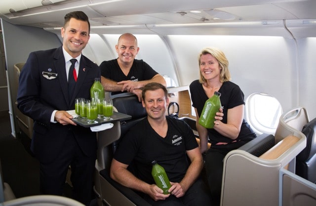 Qantas_L-R Qantas Flight Attendant Michael Cook; Botanica team Grant Swanepoel, Richard Magney and Nadia Watson. Image credit Brent Winstone.