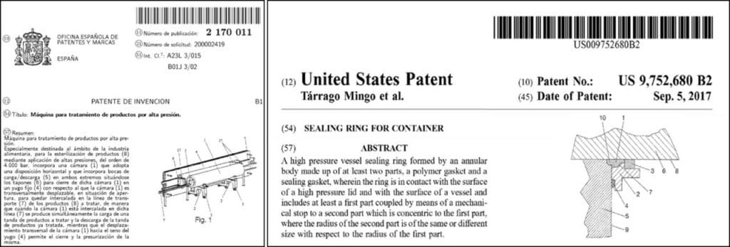 Portada de dos de las patentes de propiedad industrial que Hiperbaric tiene concedidas