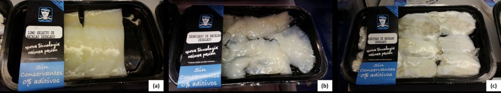 Figura 1. Productos HPP de Bacalaos Alkorta: (a) lomos; (b) filetes desmenuzados; (c) “Kokotxas” (barbilla de bacalao). Figura 1. Productos HPP de Bacalaos Alkorta: (a) lomos; (b) filetes desmenuzados; (c) “Kokotxas” (barbilla de bacalao).