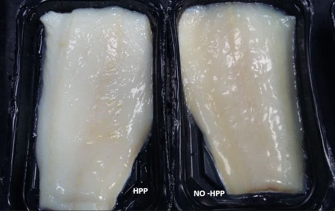 Figura 2. Efecto de las HPP en muestras de lomos de bacalao. Fuente: Dpto. De Aplicaciones y Procesado de Alimentos de Hiperbaric.