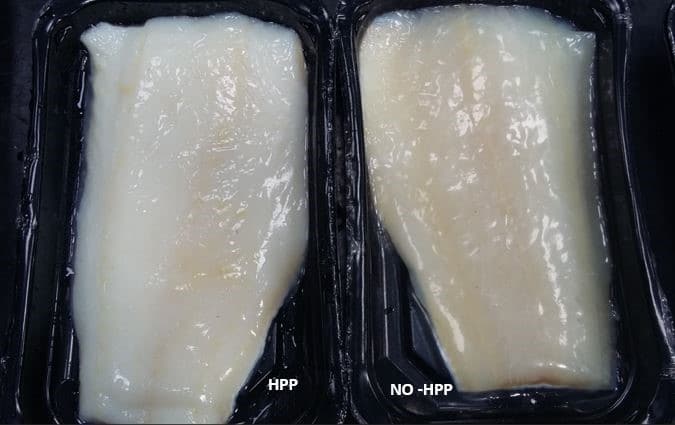 Figura 2. Efecto de las HPP en muestras de lomos de bacalao. Fuente: Dpto. De Aplicaciones y Procesado de Alimentos de Hiperbaric. Figura 2. Efecto de las HPP en muestras de lomos de bacalao. Fuente: Dpto. De Aplicaciones y Procesado de Alimentos de Hiperbaric.