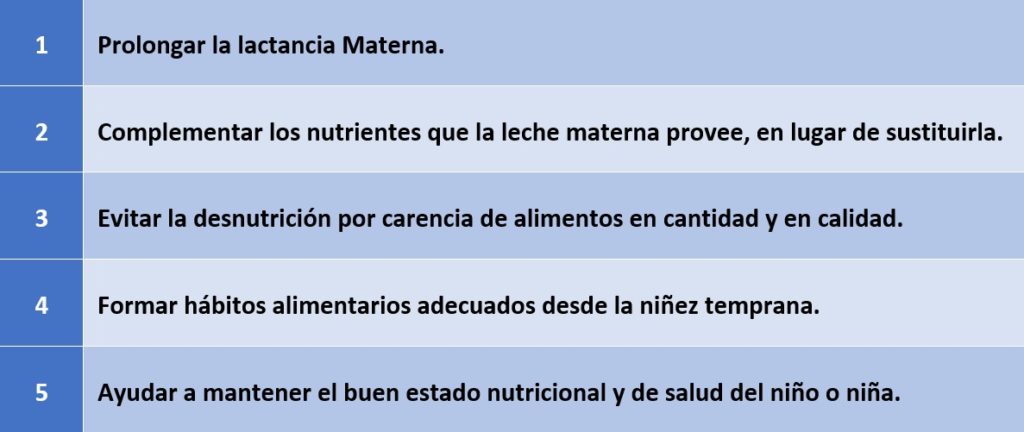 Objetivos de la Alimentación Complementaria. Fuente: https://www.fao.org/3/am283s/am283s05.pdf