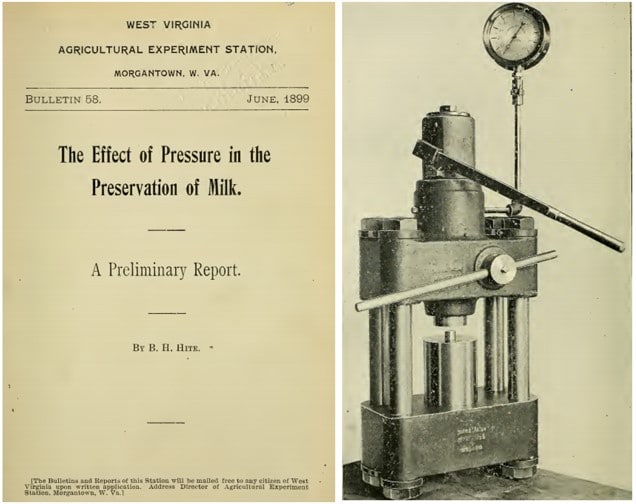 Figure 1. Front page of Hite’s report describing the effect of HPP in the preservation of milk (left) and HPP equipment used to pressurize milk samples (right) (Hite, 1899)