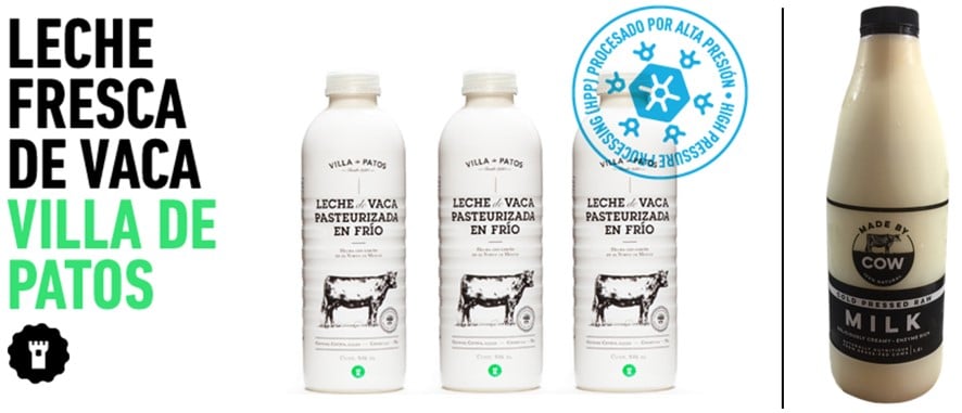 Imagen 2. Leche HPP de Villa de Patos (izquierda) y de Made by cow (derecha) comercializadas en México y en el estado New South Wales (Australia)