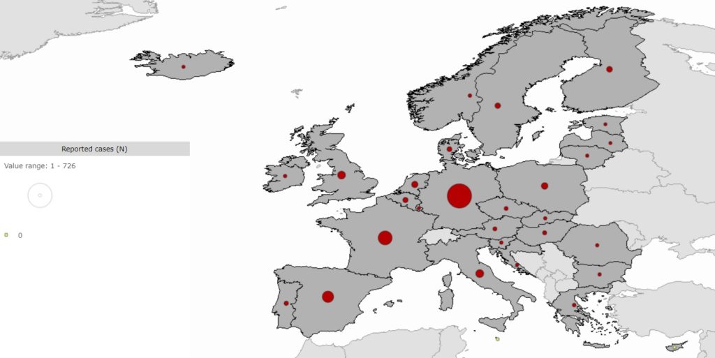 Figura 3. Casos confirmados de listeriosis en 2017 por falta de seguridad alimentaria en productos cárnicos. Fuente: European Centre for Disease Prevention and Control (ECDC)