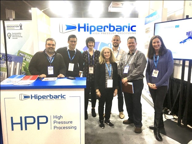 Pictured from left to right: Roberto Peregrina, Hiperbaric USA Director, Anthony Zapata, Hiperbaric, Marketing & Sales Specialist, Jenny Tuggle, Universal Pure, Marketing Manager, Wendy Alpine, Alpine Communications, President & CEO, Oscar Garcia, Hiperbaric, Marketing & Sales Specialist, Andy Hanacek, National Provisioner, Editor-in-chief, and Ann Warren, Alpine Communications, Editorial and Media Relations. 