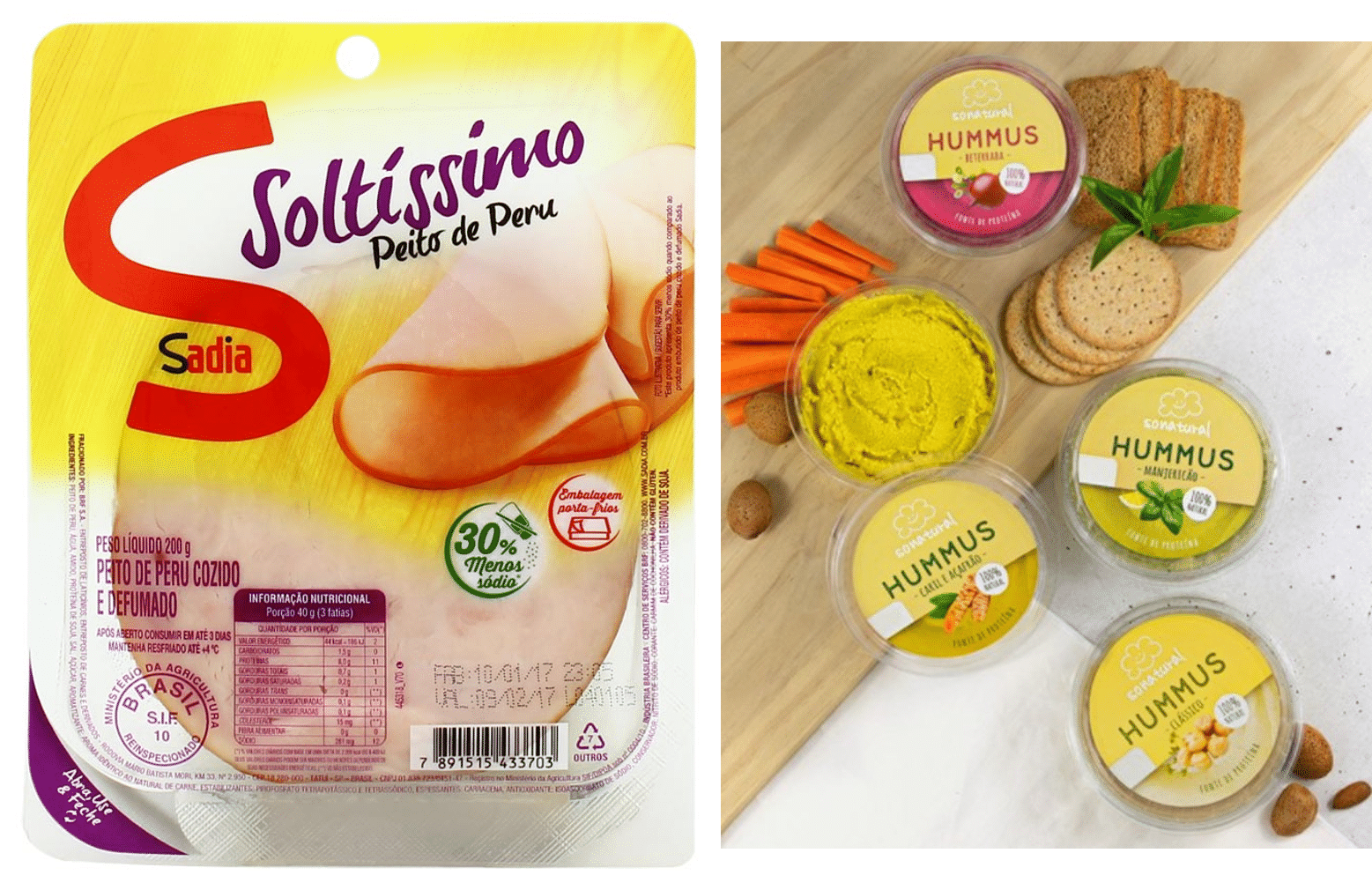 Figura 3 - À esquerda um dos fiambres comercializados pela BRF, sob a marca Sadia e à direita a variedade de hummus oferecido pela GL.