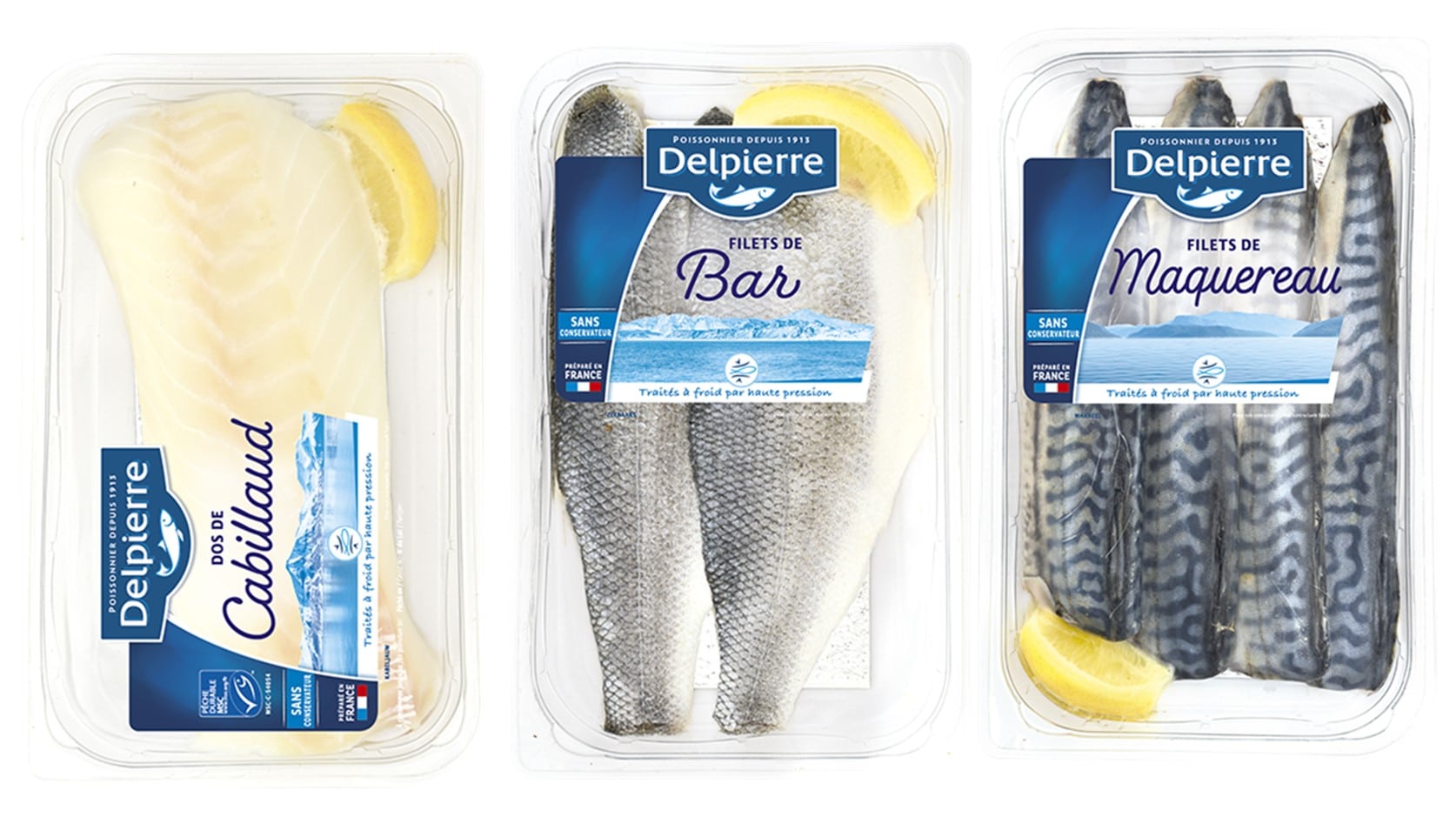 Fig. 5. Filetes de bacalao crudo HPP (izquierda), lubina (centro) y caballa (derecha) de Delpierre.