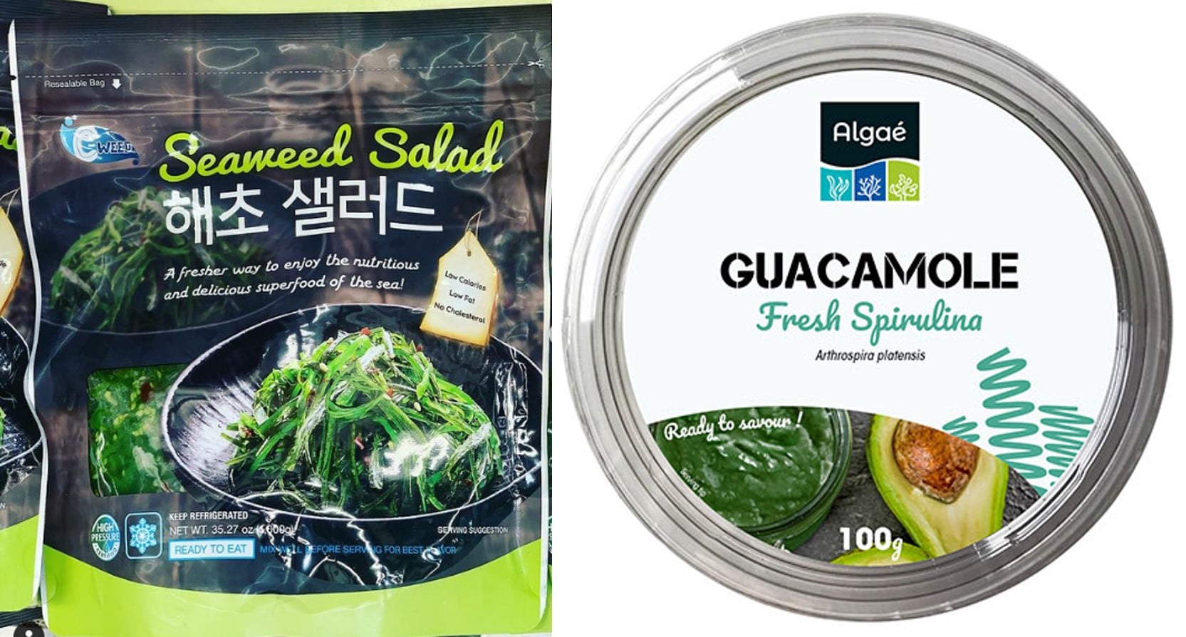 Fig. 7. Productos de algas HPP. Ensalada de algas, C-Weed (izquierda); Dip de aguacate y espirulina, GlobeXplore (derecha).