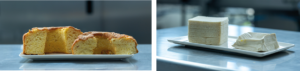 Pastel y rebanadas de pan antes (izquierda) y después (derecha) de un tratamiento de 600 MPa.