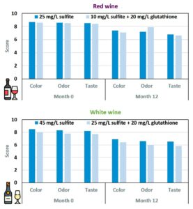 Average scores for sensory attributes of HPP (200 MPa/29,000 psi for 5 min) red and white wines with varying levels of sulfite and glutathione